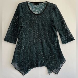 Creation Teal Marled Crochet Open Knit Sharkbite Tunic Top M